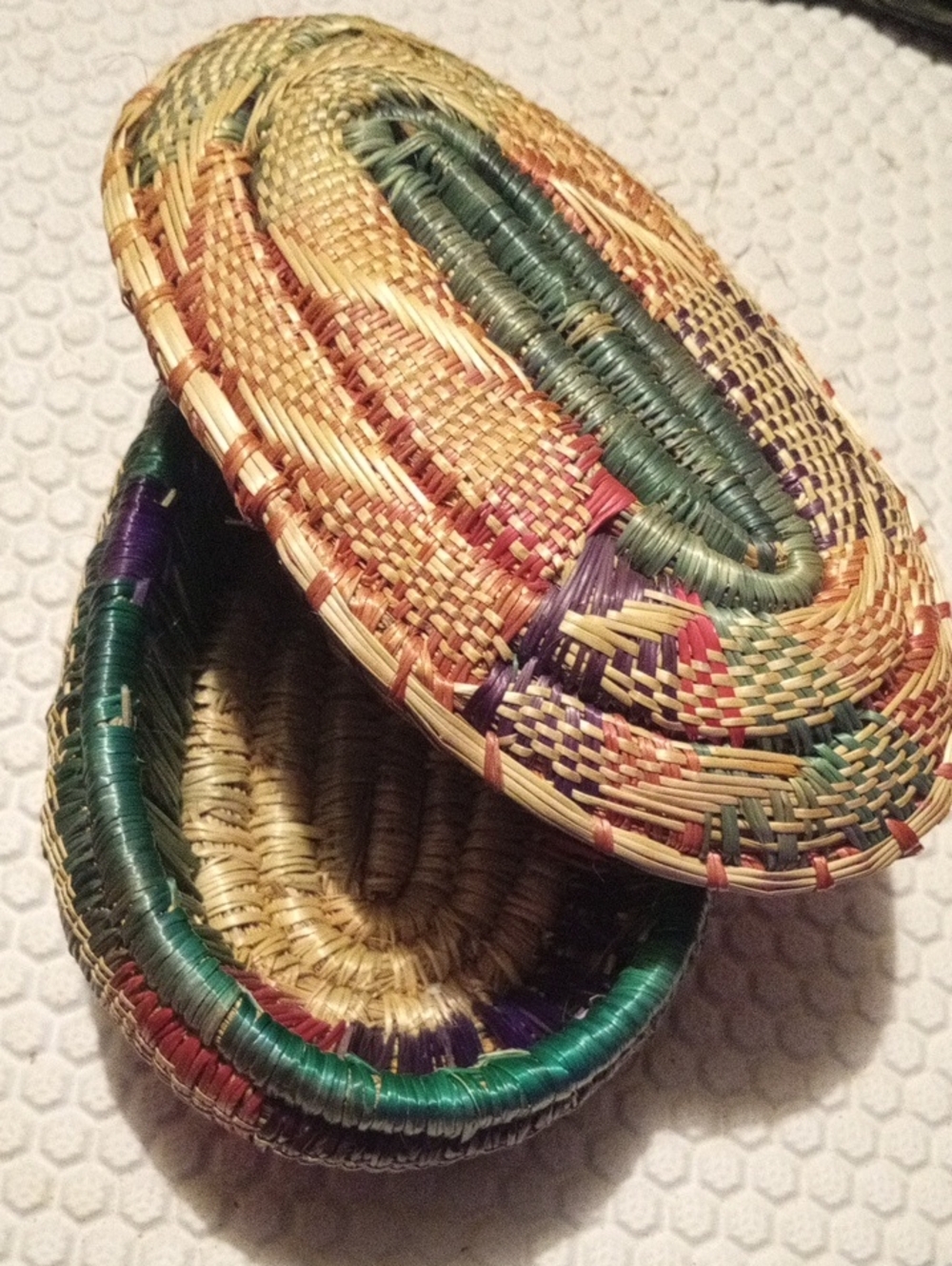Vintage Multicolor Woven Straw Trinket Box - Green, Purple, Red, Natural